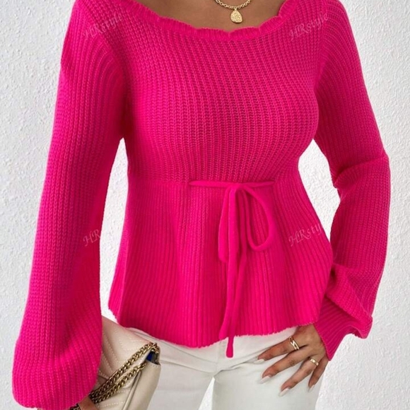 Hot Pink Long-Sleeve Ribbed-Knit  Peplum Top W/ A Tie Waist. Sz Large - Picture 3 of 7